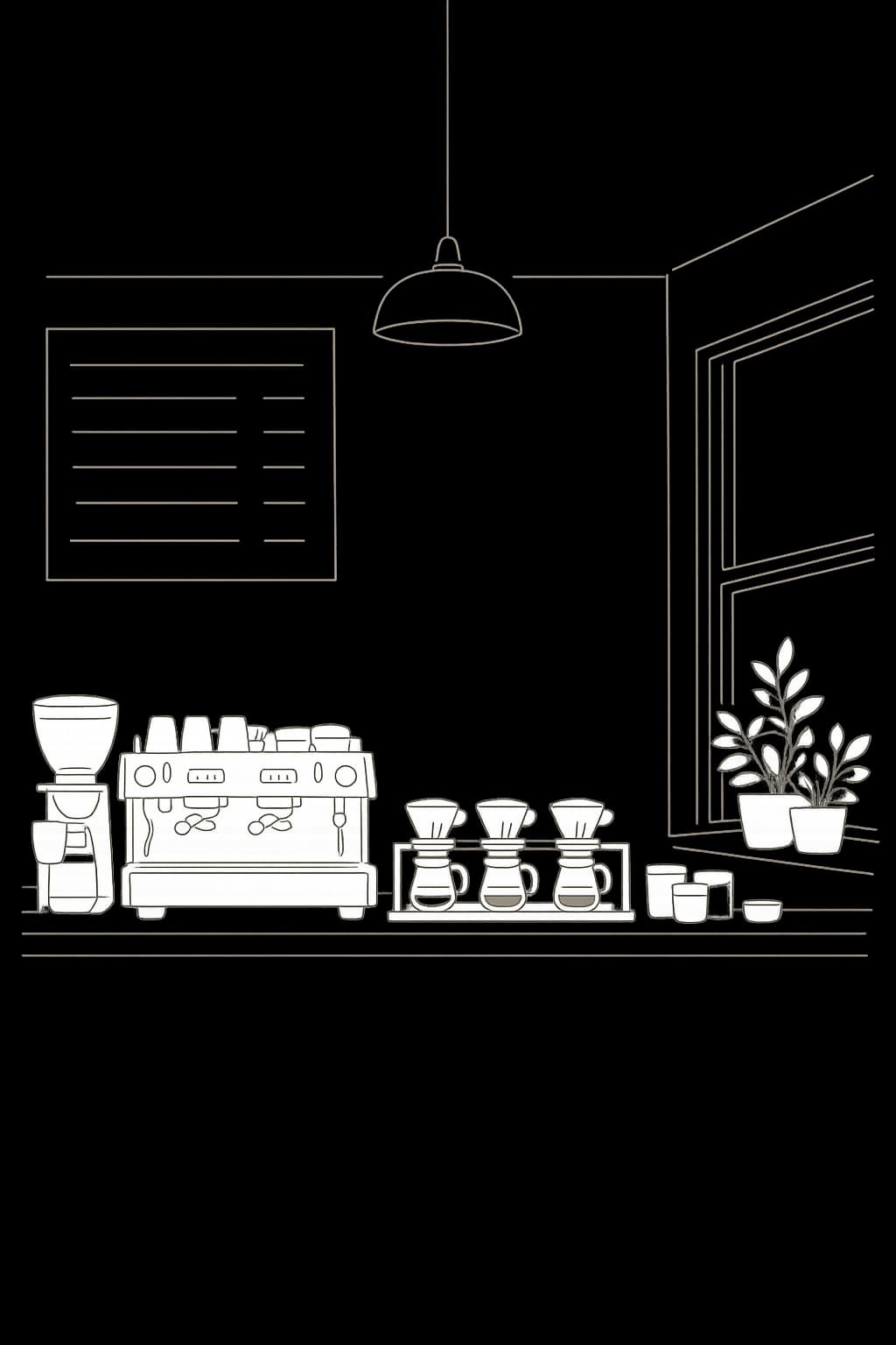 Continuous line illustration of a coffee shop interior viewed across the counter, composed vertically from the counter up to hanging pendant lamps, with an espresso machine, pour-over station, window with a trailing plant, and a chalkboard menu, drawn in off-white line art that floats on the Groundwork teal gradient.